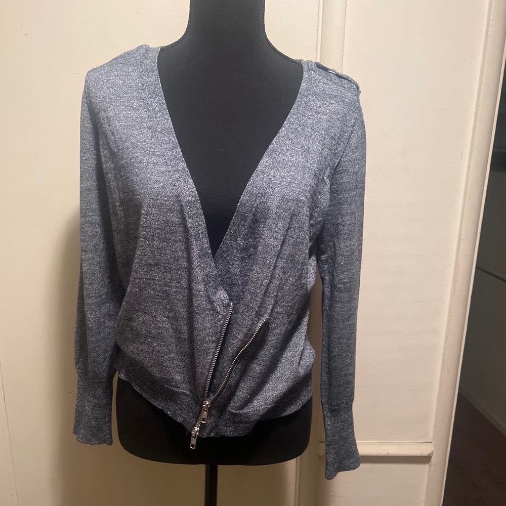 J. Crew Thin angled wrap zipped v-neck sweater. Merino wool/linen. Size medium